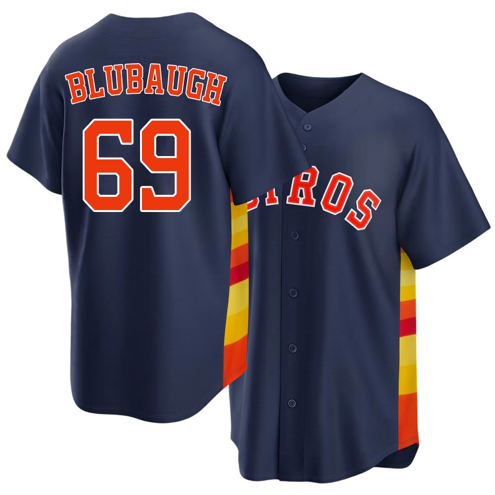 Houston #69 Blubaugh Player Baseball Short Sleeve Navy Jersey AJ For Men Women Youth Gift