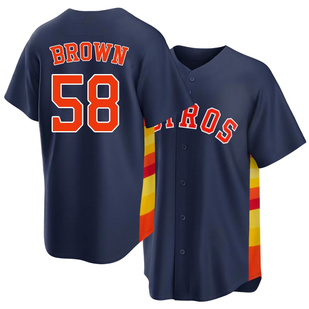 Houston #58 Brown Player Baseball Short Sleeve Navy Jersey Hunter For Men Women Youth Gift
