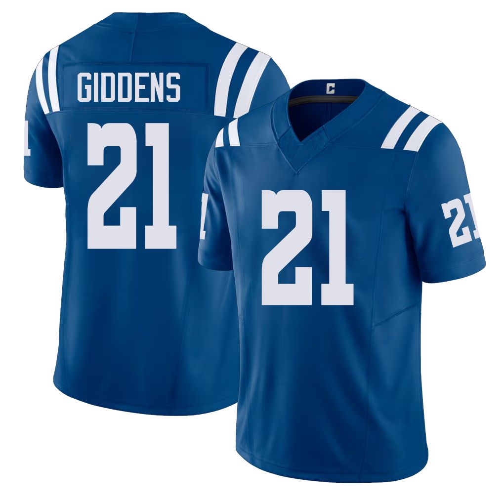 Indianapolis #21 Giddens Player Football V Neck Short Sleeve Royal Jersey DJ For Men Youth Women Gift