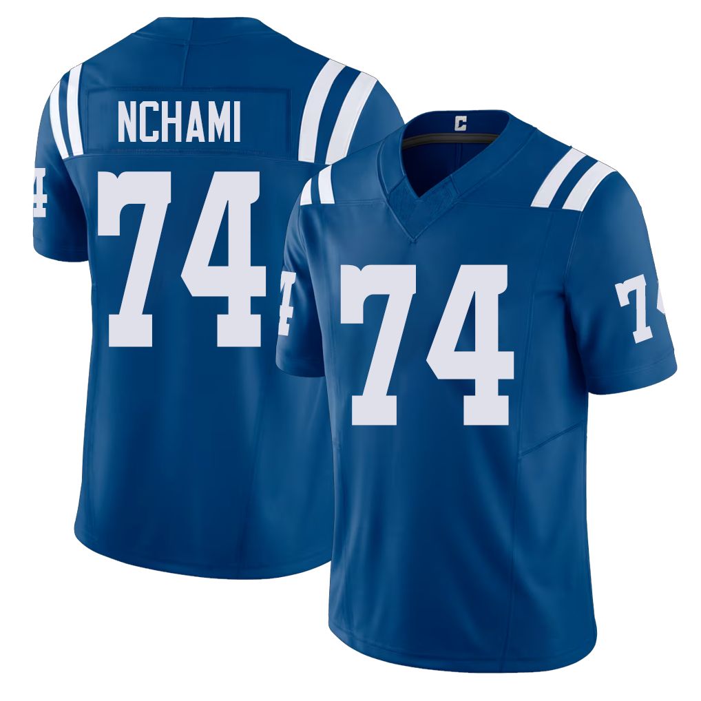 Indianapolis #74 Nchami Player Football V Neck Short Sleeve Royal Jersey Durell For Men Youth Women Gift