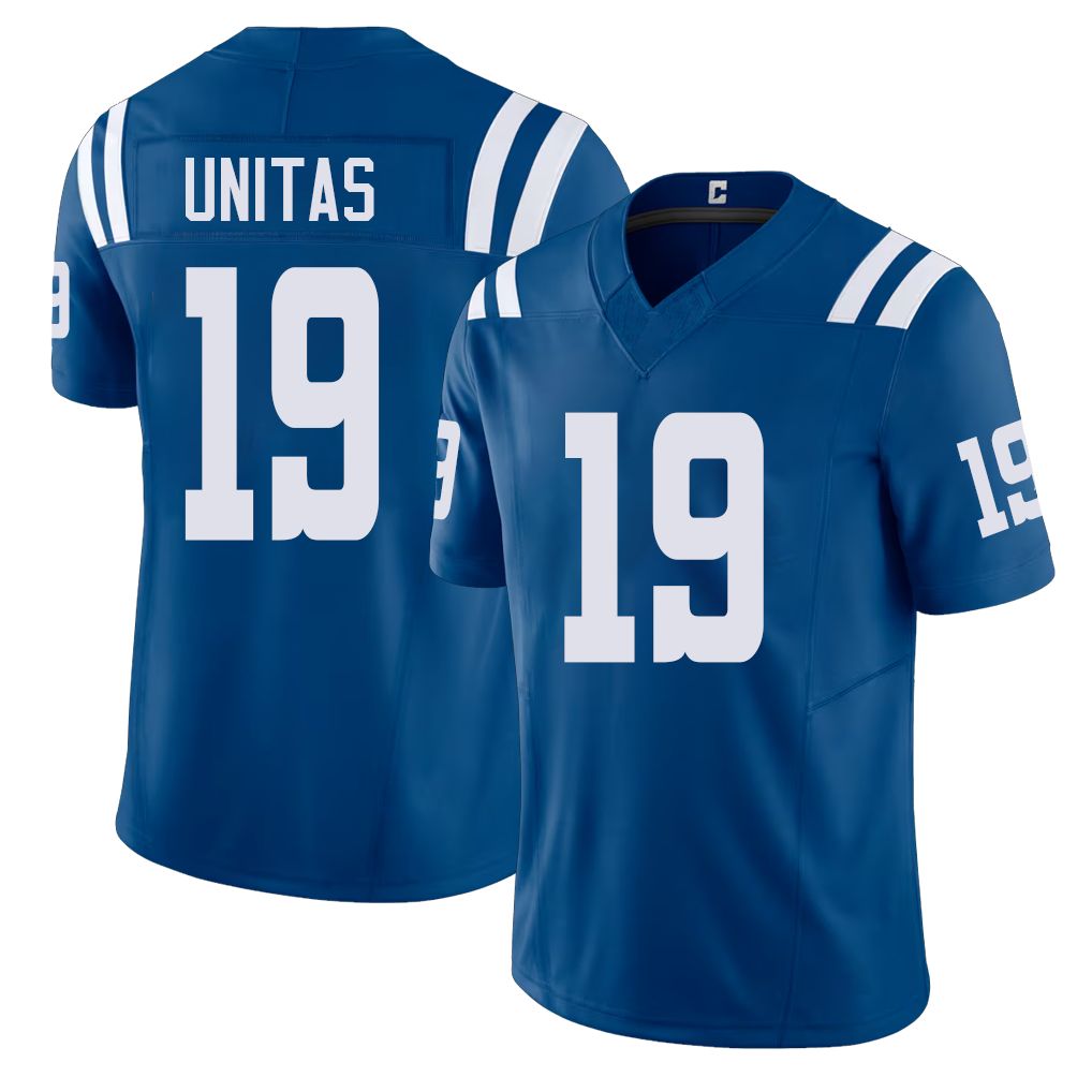 Indianapolis #19 Unitas Player Football V Neck Short Sleeve Royal Jersey Johnny For Men Youth Women Gift