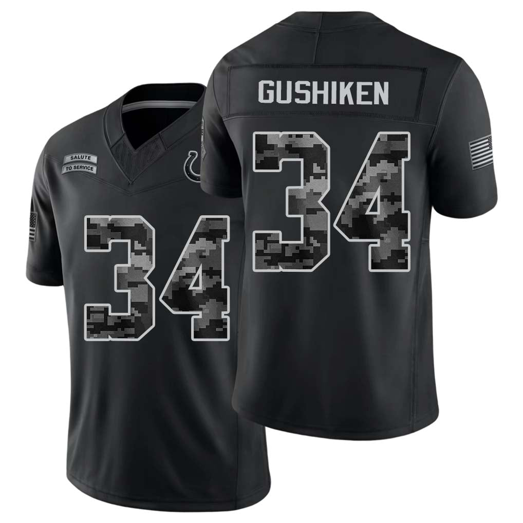 Indianapolis #34 Gushiken Player Football V Neck Short Sleeve Black Jersey Kapena For Men Youth Women Gift