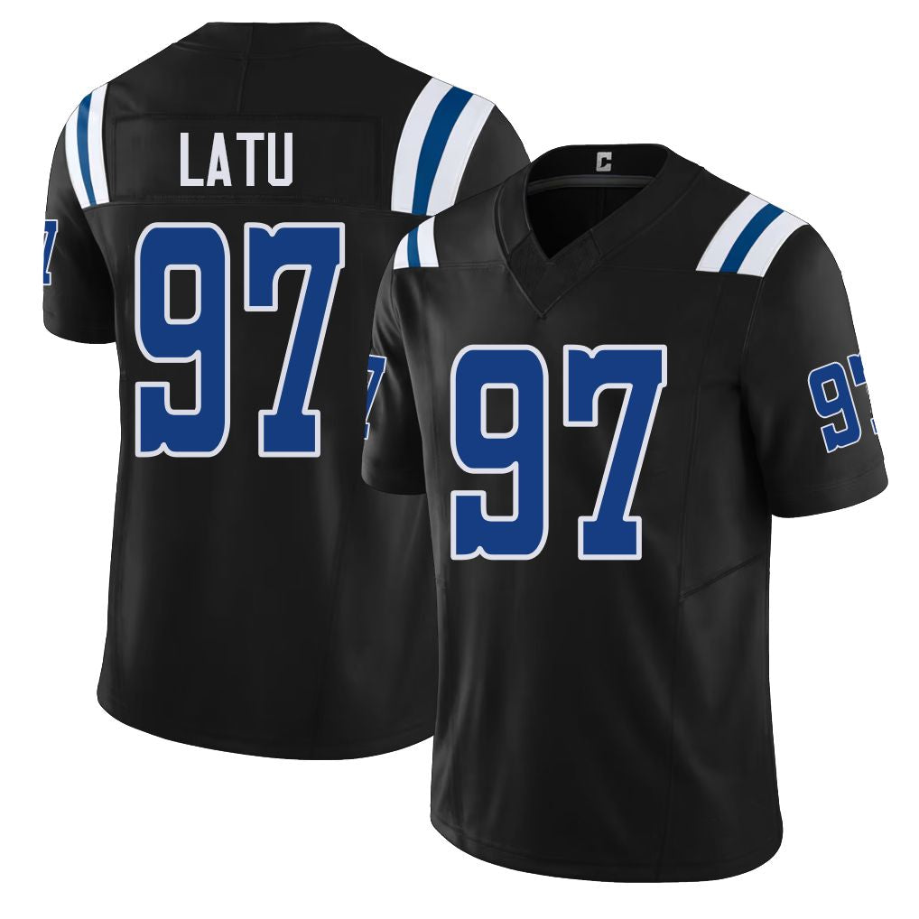 Indianapolis #97 Latu Player Football V Neck Short Sleeve Black Jersey Laiatu For Men Youth Women Gift