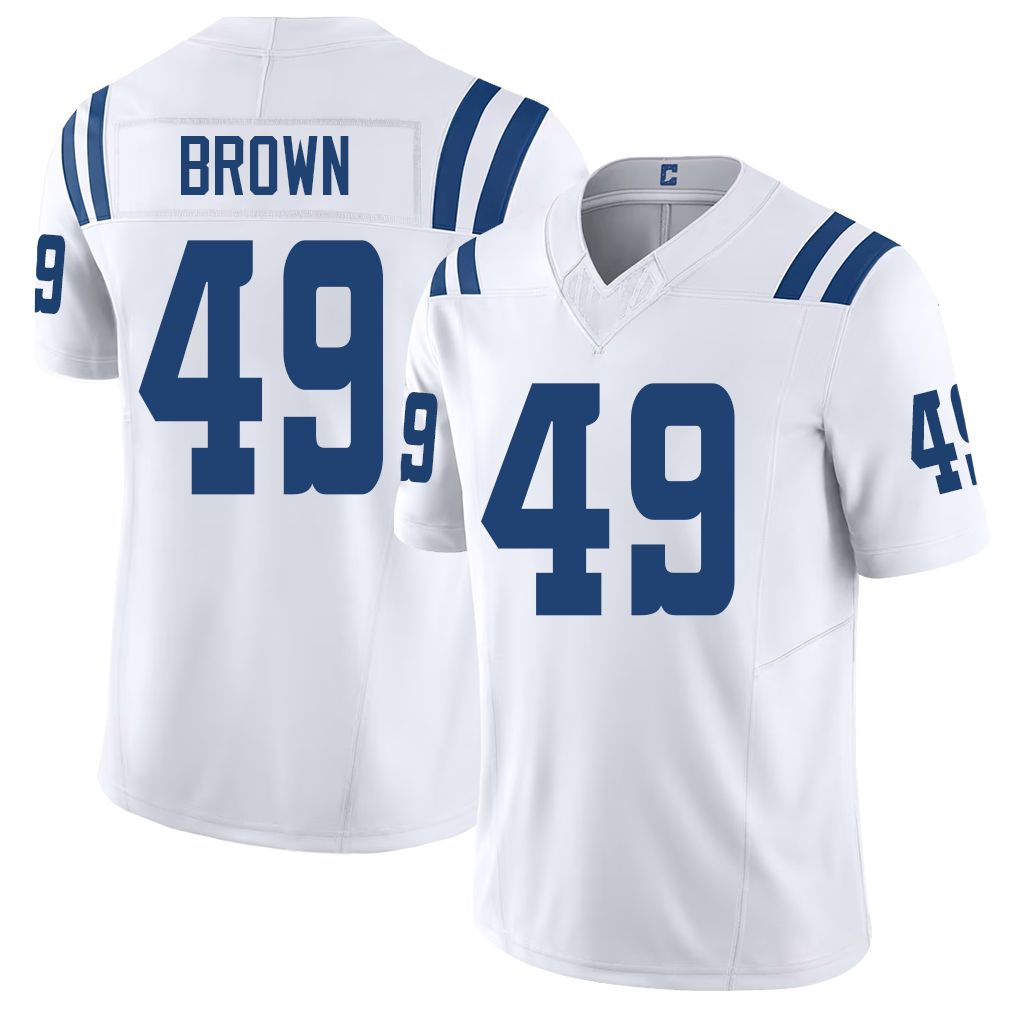 Indianapolis #49 Brown Player Football V Neck Short Sleeve White Jersey Pharaoh For Men Youth Women Gift