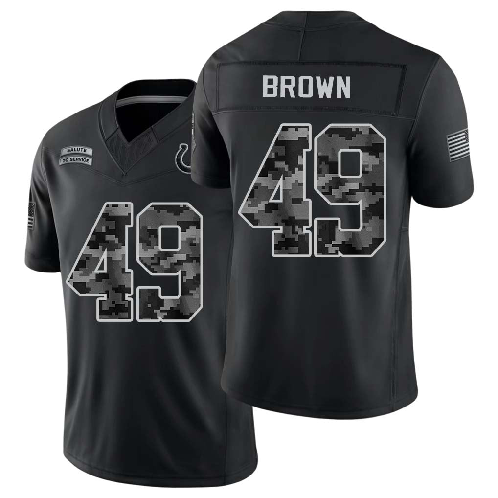 Indianapolis #49 Brown Player Football V Neck Short Sleeve Black Jersey Pharaoh For Men Youth Women Gift