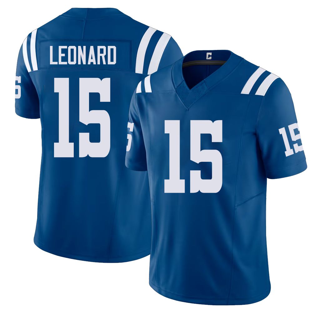 Indianapolis #15 Leonard Player Football V Neck Short Sleeve Royal Jersey Riley For Men Youth Women Gift