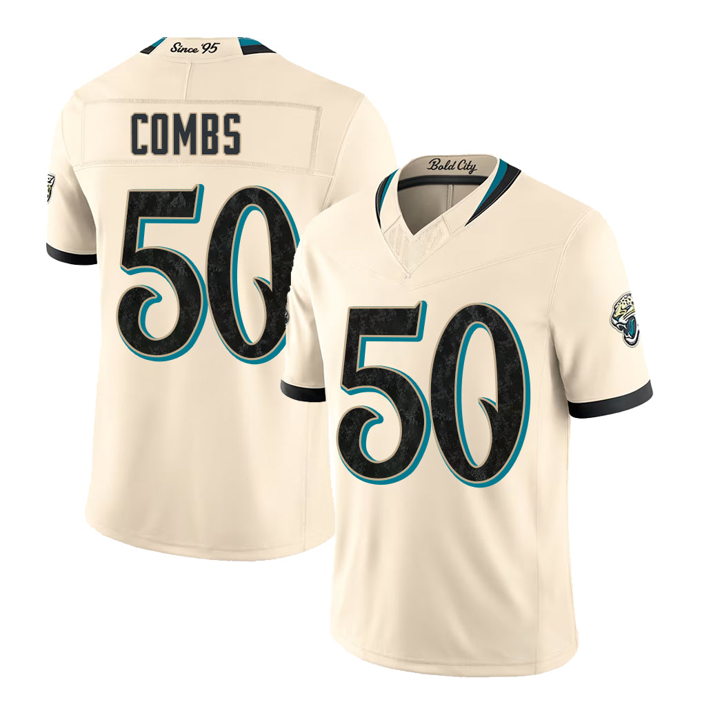 Jacksonville #50 Combs Player Football V Neck Short Sleeve Natural Jersey Branson For Men Youth Women Gift