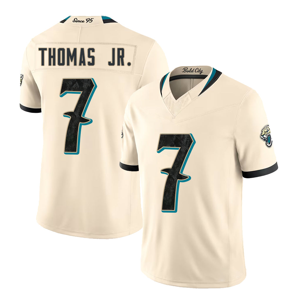 Jacksonville #7 Thomas Jr. Player Football V Neck Short Sleeve Natural Jersey Brian For Men Youth Women Gift