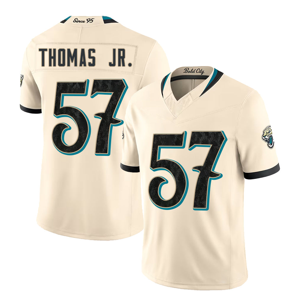 Jacksonville #57 Thomas Jr. Player Football V Neck Short Sleeve Natural Jersey Bryan For Men Youth Women Gift