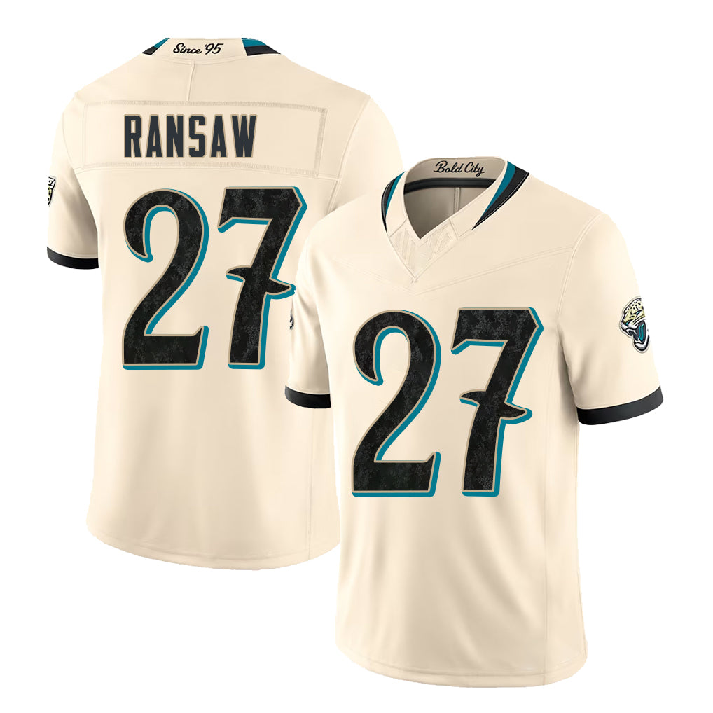 Jacksonville #27 Ransaw Player Football V Neck Short Sleeve Natural Jersey Caleb For Men Youth Women Gift