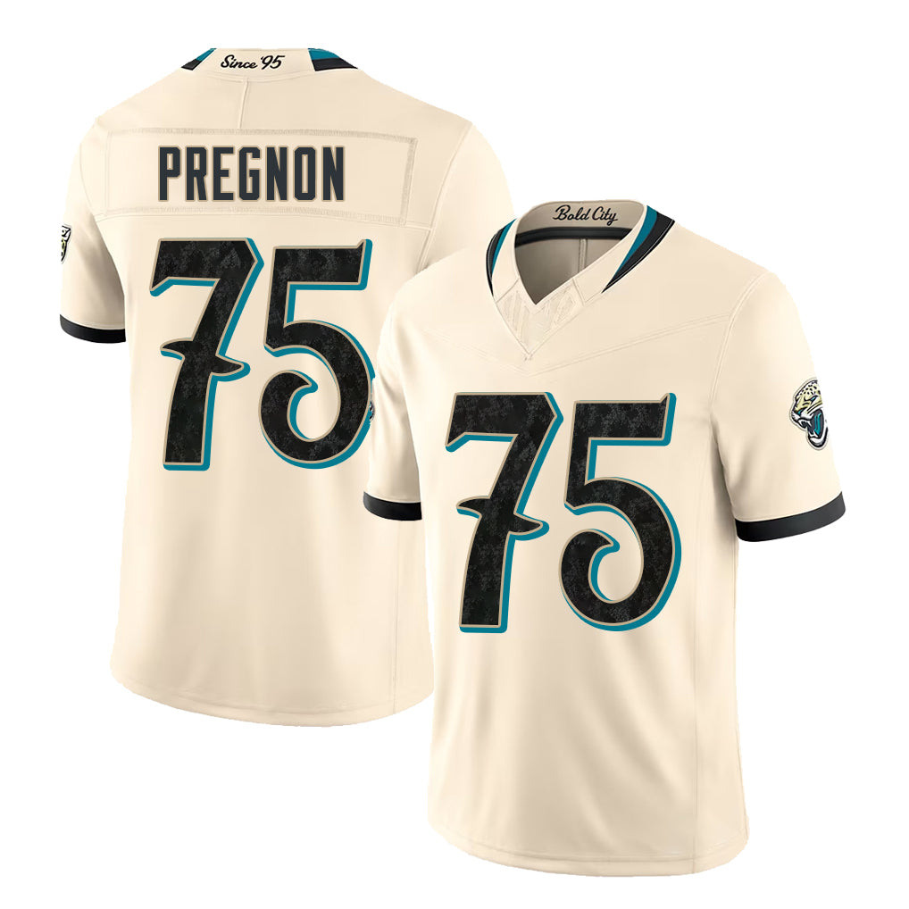 Jacksonville #75 Pregnon Player Football V Neck Short Sleeve Natural Jersey Emmanuel For Men Youth Women Gift