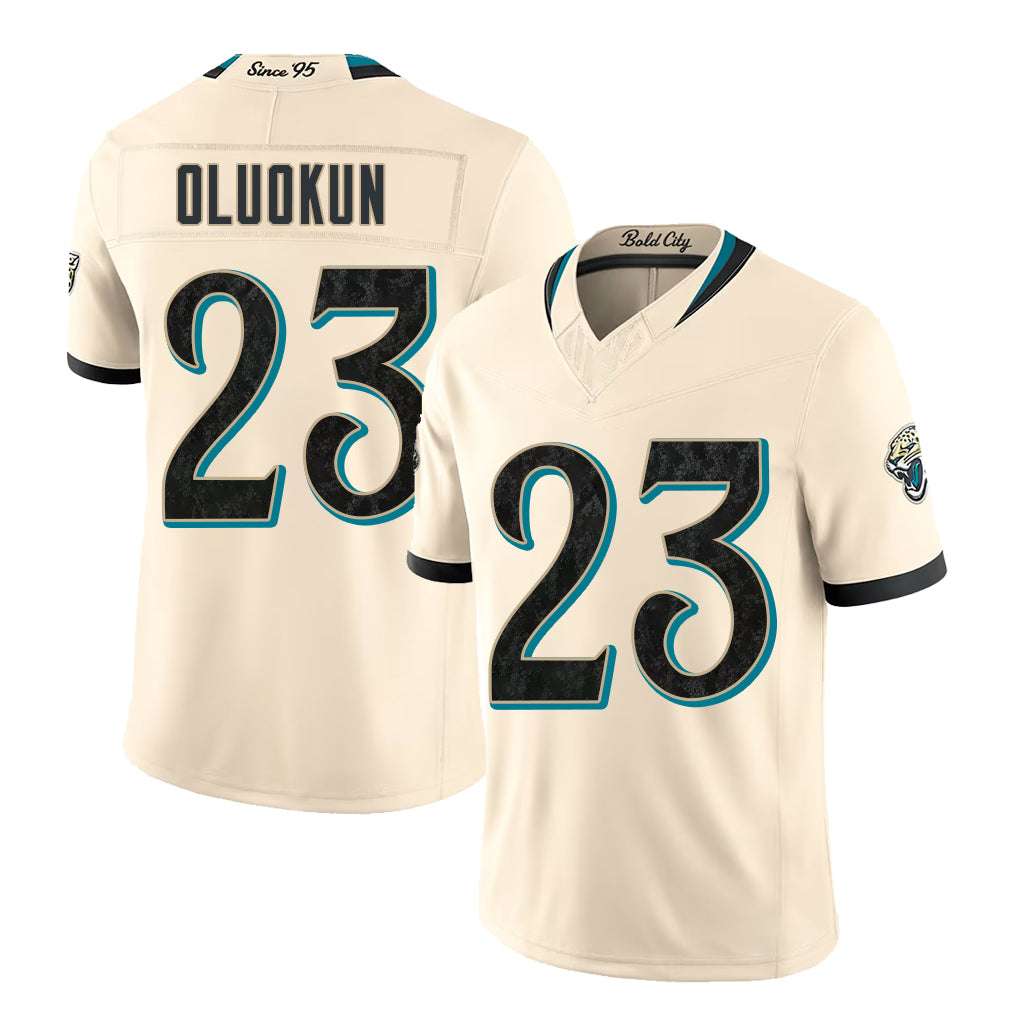 Jacksonville #23 Oluokun Player Football V Neck Short Sleeve Natural Jersey Foye For Men Youth Women Gift