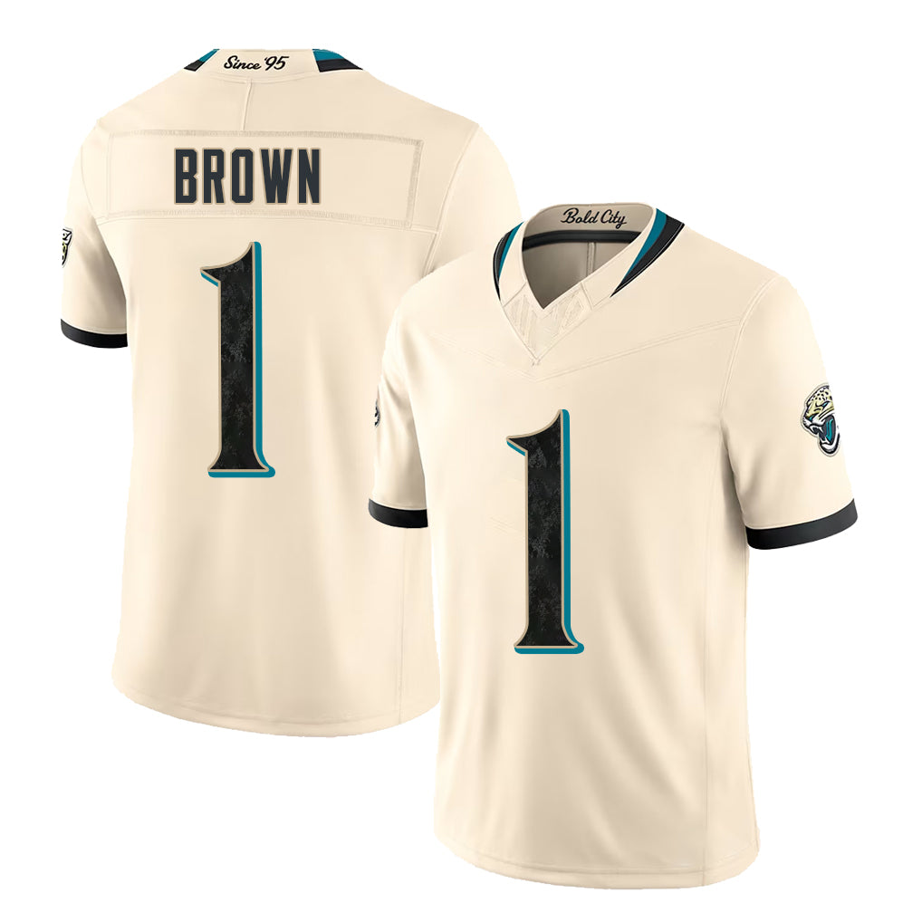 Jacksonville #1 Brown Player Football V Neck Short Sleeve Natural Jersey Montaric For Men Youth Women Gift
