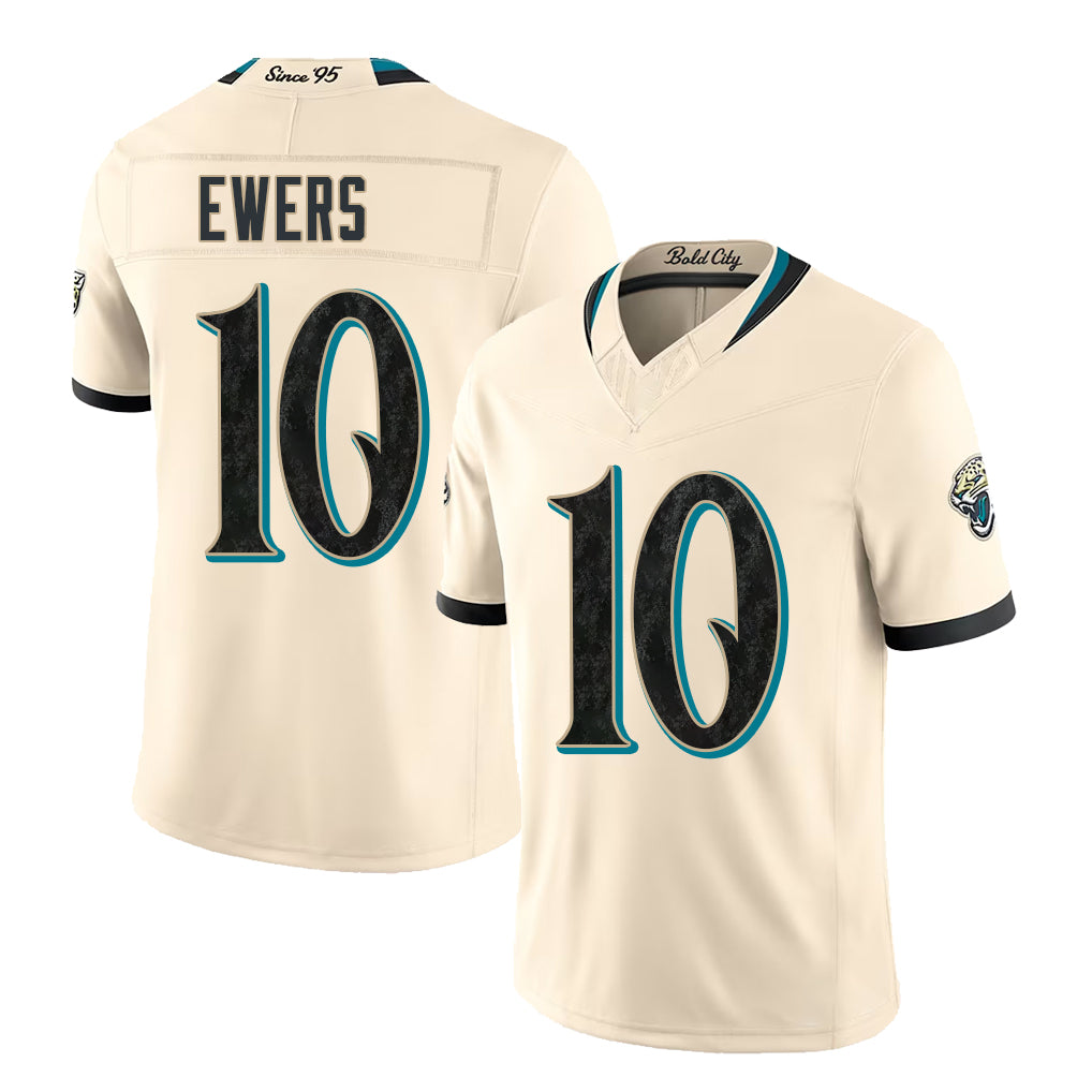 Jacksonville #10 Ewers Player Football V Neck Short Sleeve Natural Jersey Quinn For Men Youth Women Gift