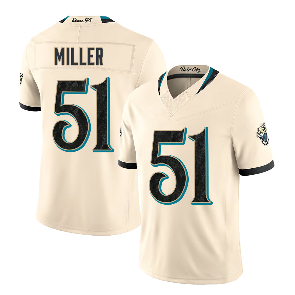 Jacksonville #51 Miller Player Football V Neck Short Sleeve Quintin Jersey Ventrell For Men Youth Women Gift