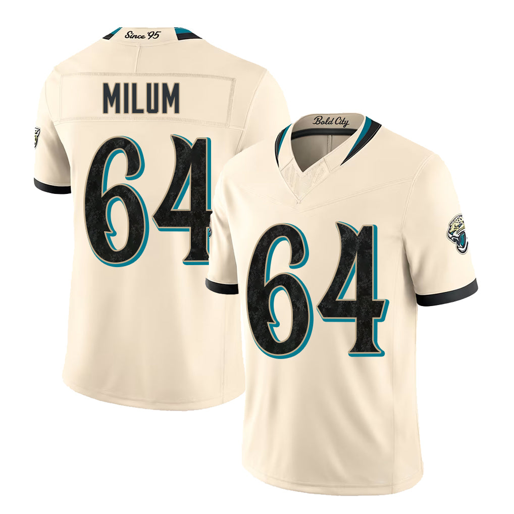 Jacksonville #64 Milum Player Football V Neck Short Sleeve Natural Jersey Wyatt For Men Youth Women Gift