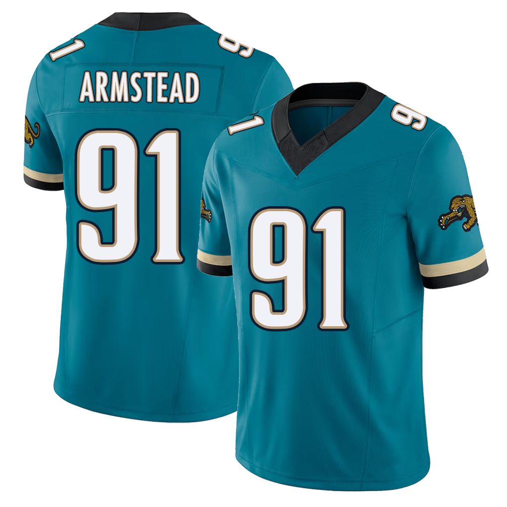 Jacksonville #91 Arik Football V Neck Short Sleeve Teal Jersey Armstead For Men Youth Women Gift