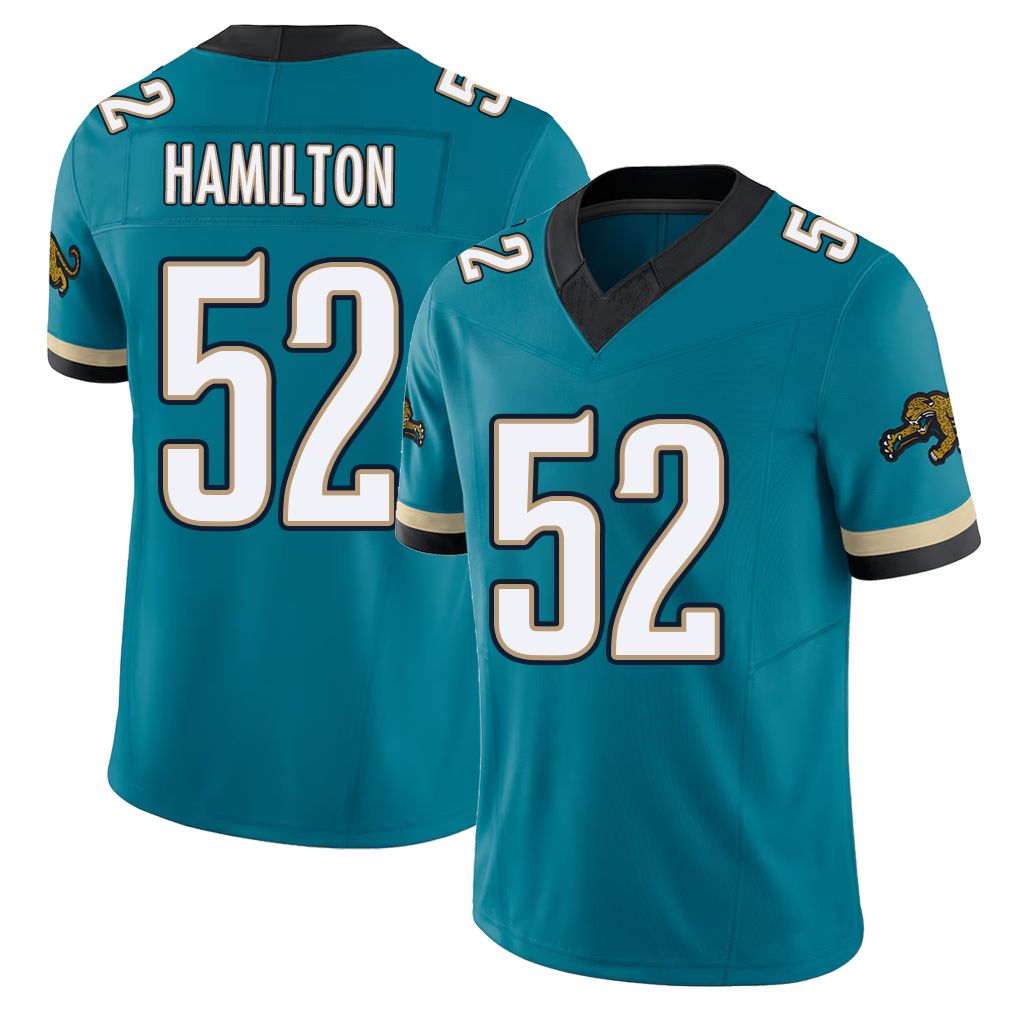 Jacksonville #52 DaVon Football V Neck Short Sleeve Teal Jersey Hamilton For Men Youth Women Gift