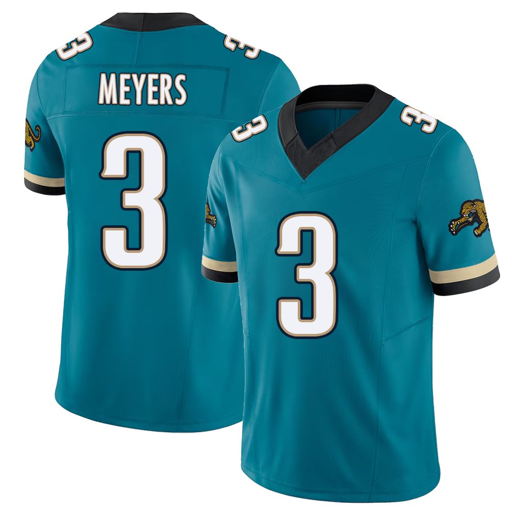 Jacksonville #3 Meyers Football V Neck Short Sleeve Teal Jersey Jakobi For Men Youth Women Gift