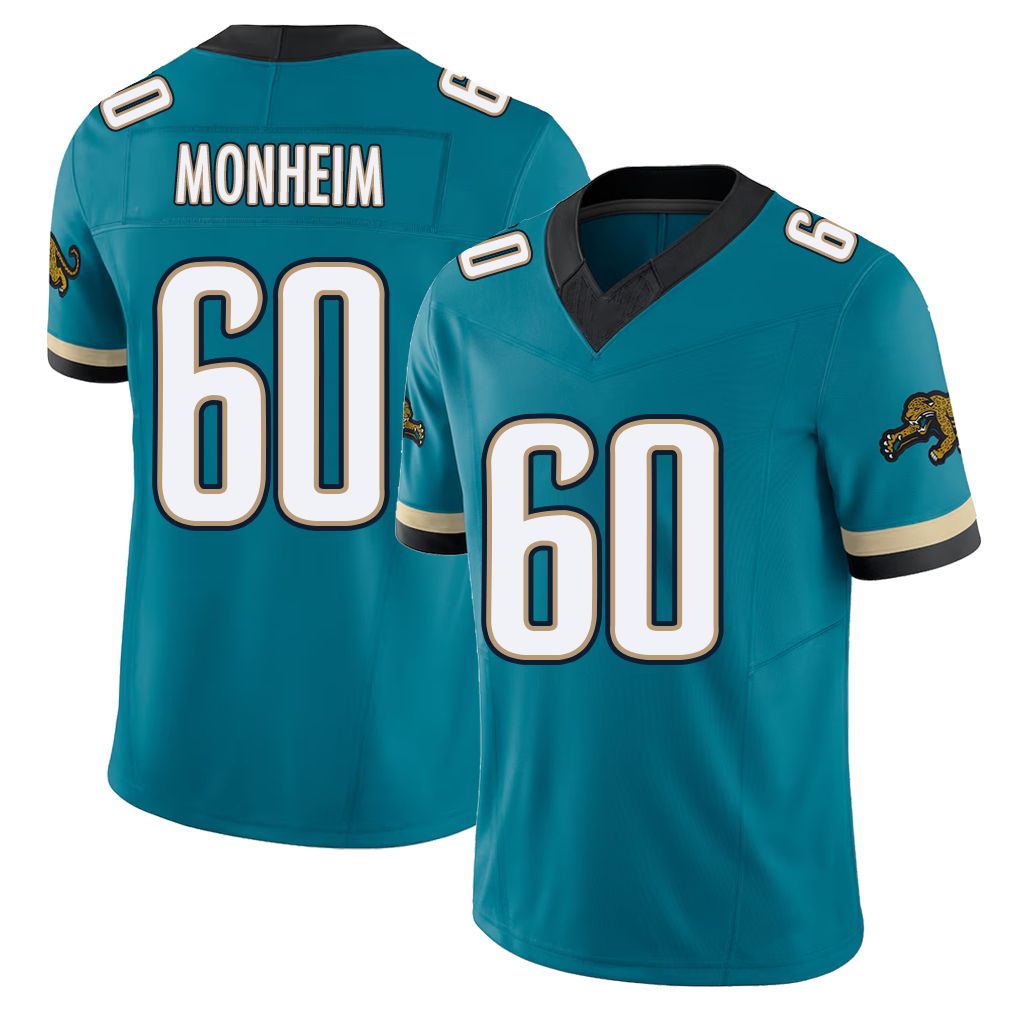 Jacksonville #60 Monheim Football V Neck Short Sleeve Teal Jersey Jonah For Men Youth Women Gift