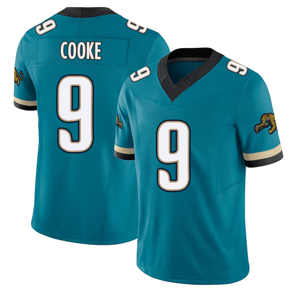 Jacksonville #9 Cooke Football V Neck Short Sleeve Teal Jersey Logan For Men Youth Women Gift