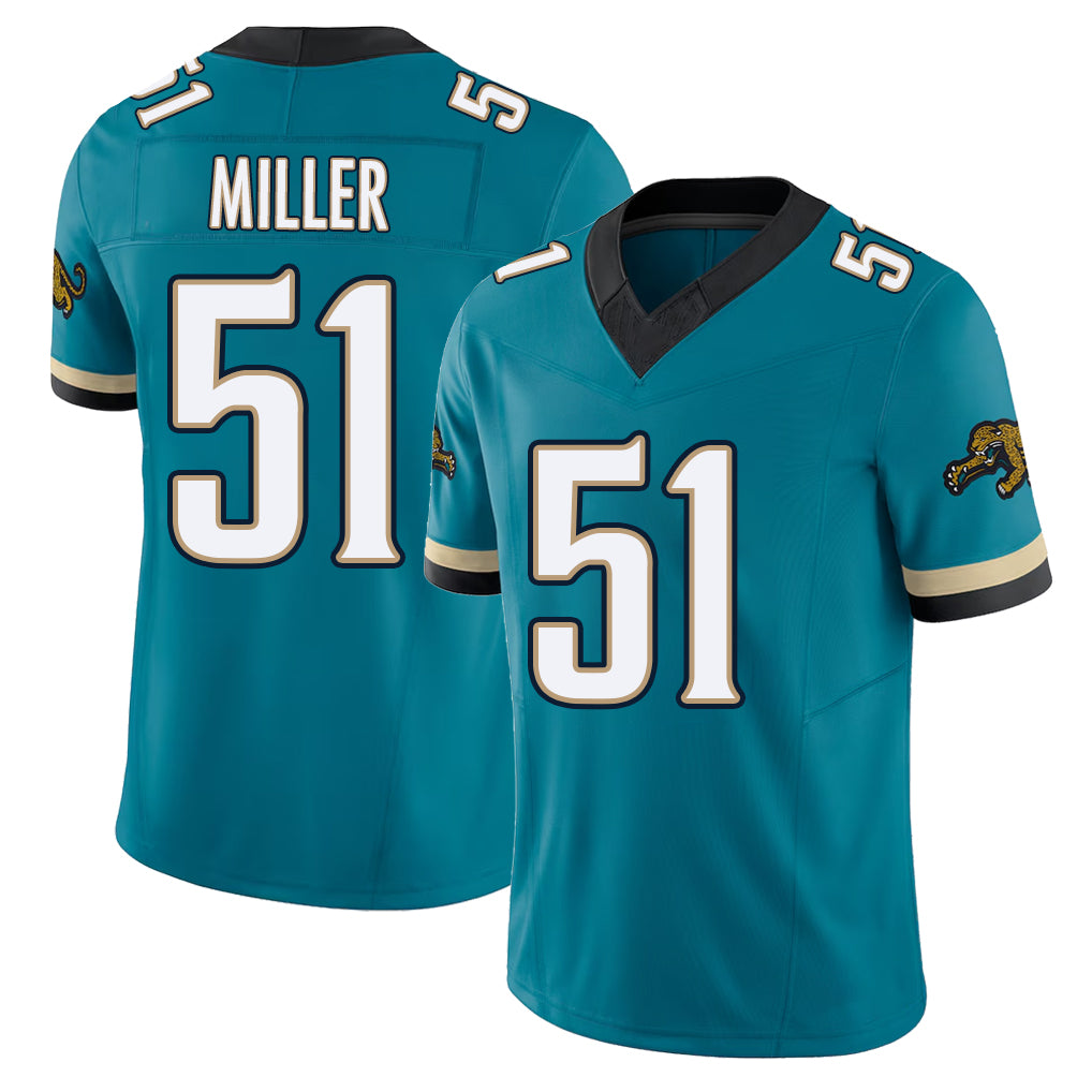 Jacksonville #51 Miller Football V Neck Short Sleeve Teal Jersey Ventrell For Men Youth Women Gift
