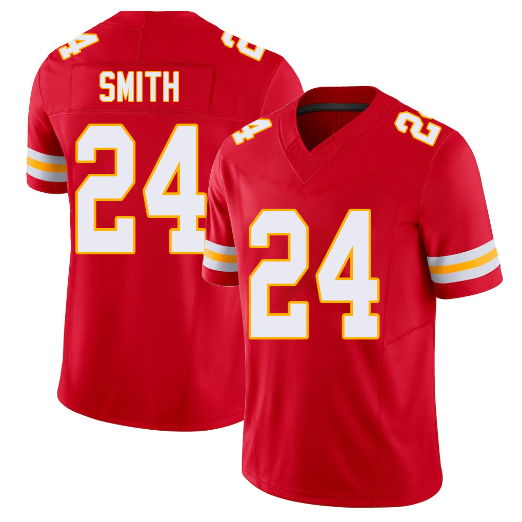 Kansas City #24 Smith Player Football V Neck Short Sleeve Red Jersey Brashard For Men Youth Women Gift