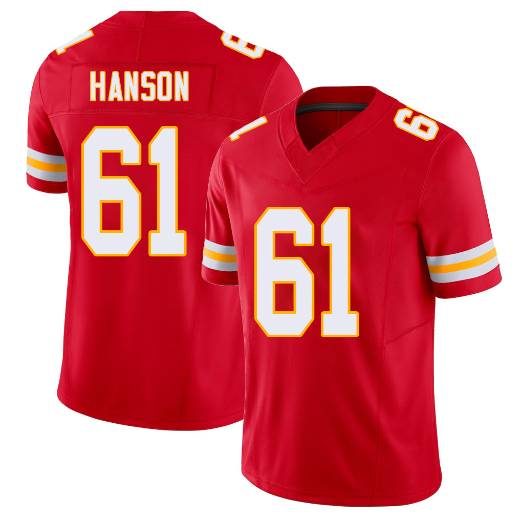 Kansas City #61 Hanson Player Football V Neck Short Sleeve Red Jersey C.J. For Men Youth Women Gift