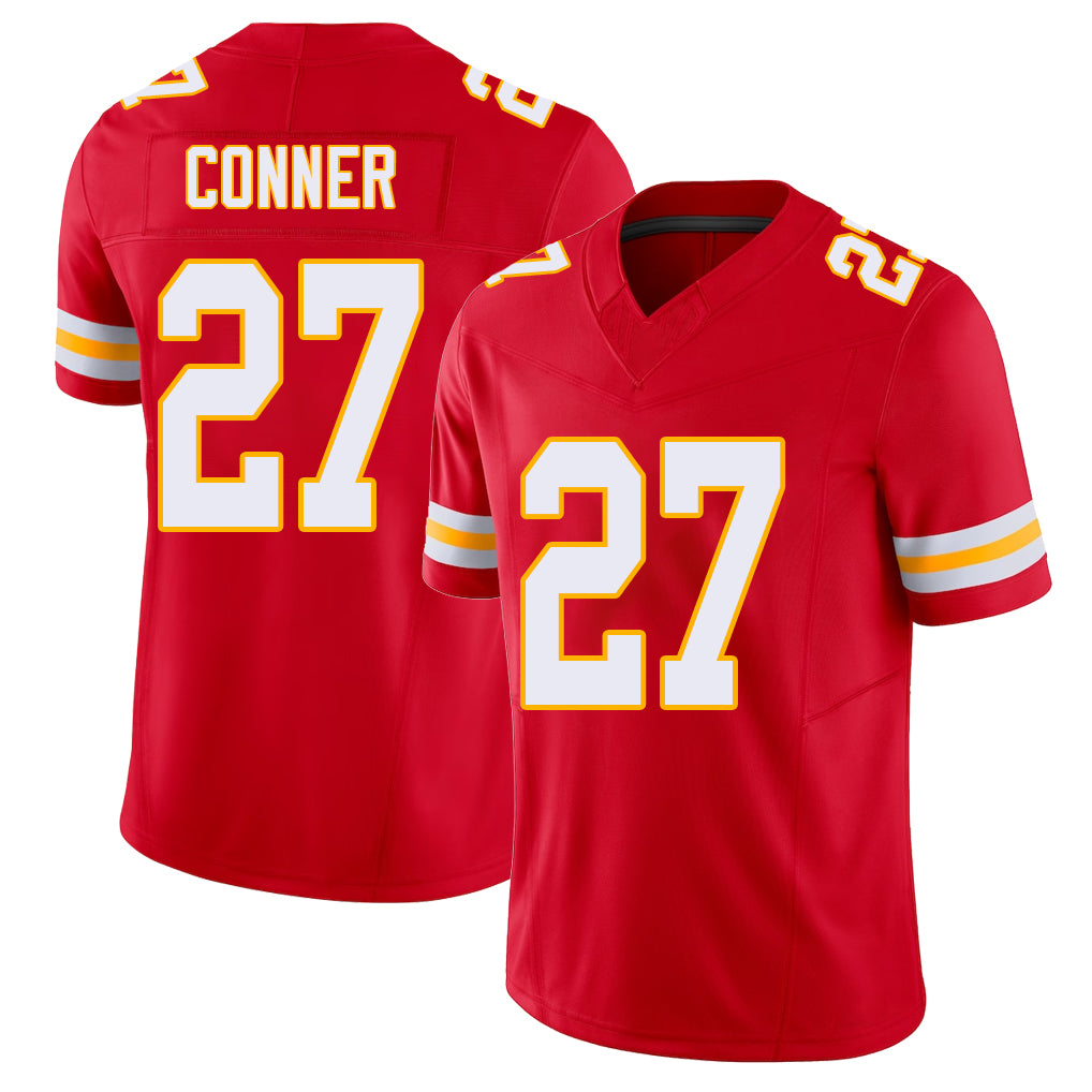 Kansas City #27 Conner Player Football V Neck Short Sleeve Red Jersey Chamarri For Men Youth Women Gift