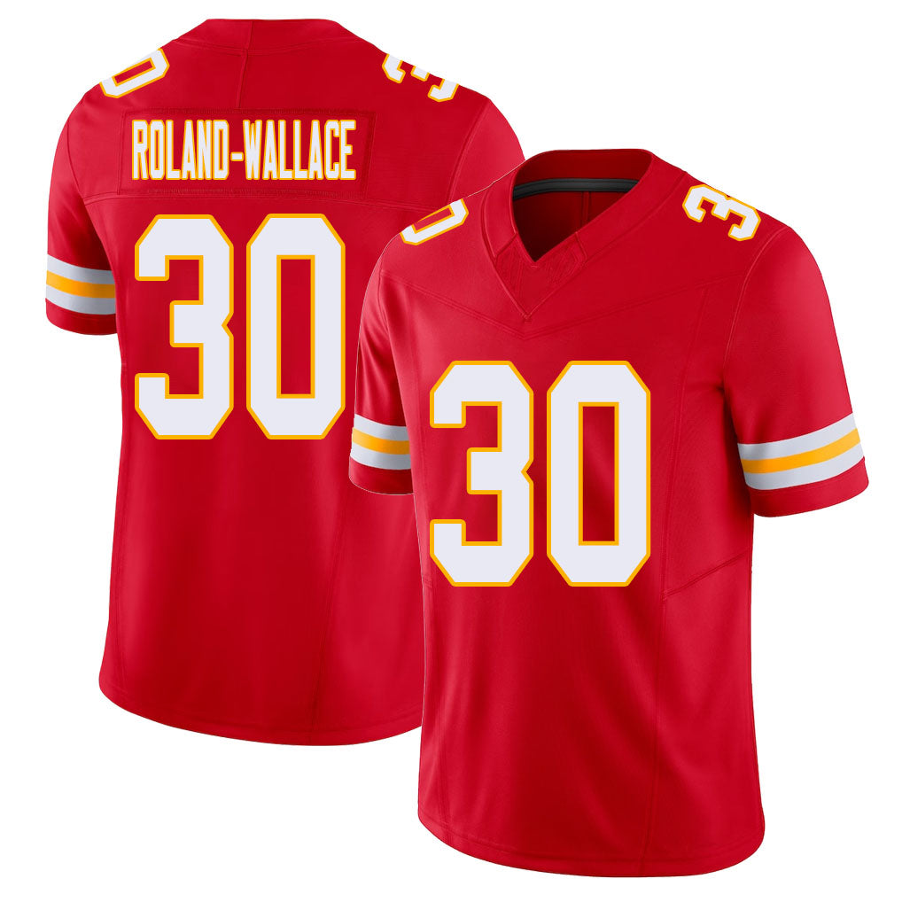 Kansas City #30 Roland-Wallace Player Football V Neck Short Sleeve Red Jersey Christian For Men Youth Women Gift