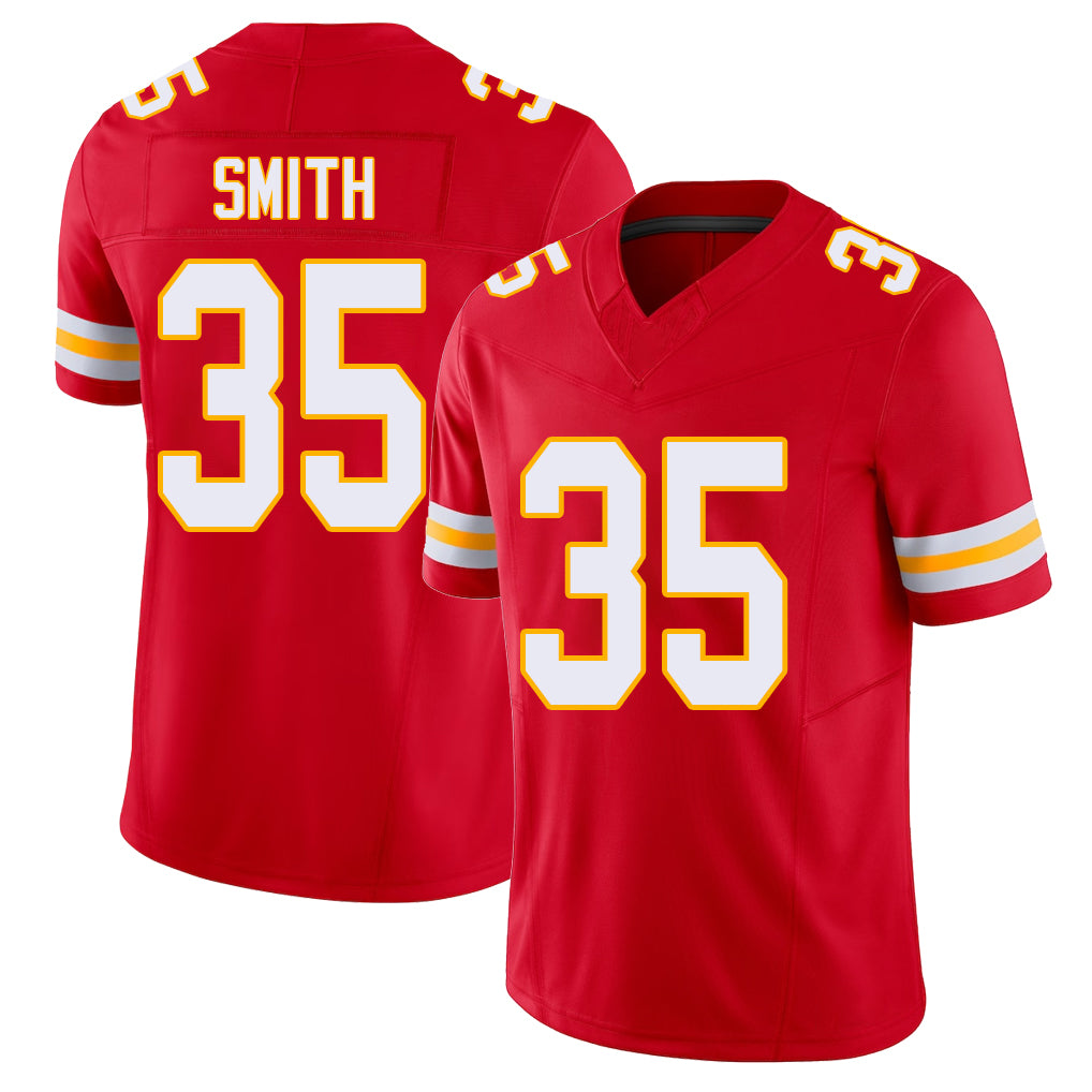 Kansas City #35 Smith Player Football V Neck Short Sleeve Red Jersey EJ For Men Youth Women Gift