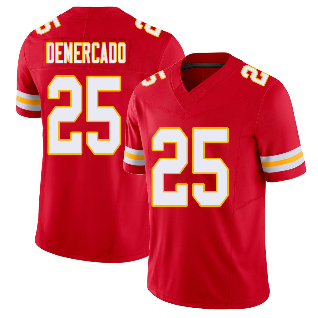 Kansas City #25 Demercado Player Football V Neck Short Sleeve Red Jersey Emari For Men Youth Women Gift