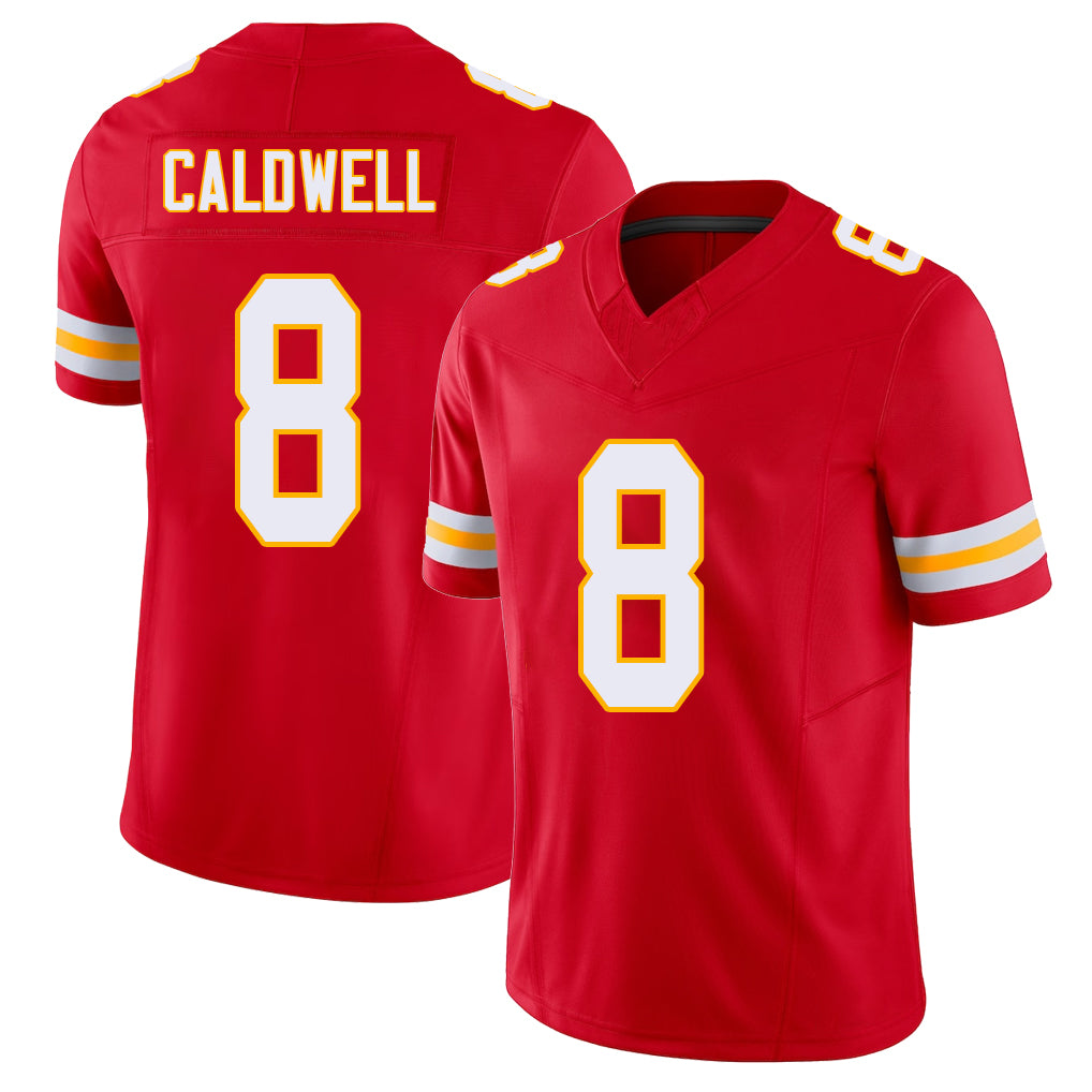 Kansas City #8 Caldwell Player Football V Neck Short Sleeve Red Jersey Jeff For Men Youth Women Gift