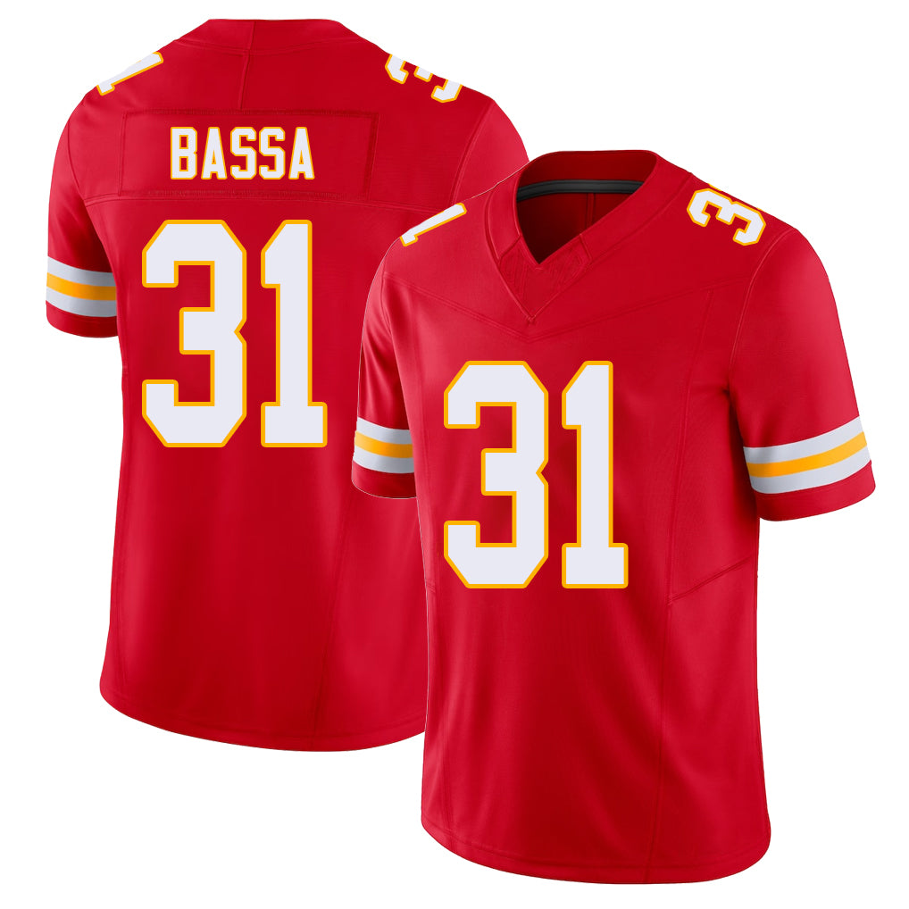 Kansas City #31 Bassa Player Football V Neck Short Sleeve Red Jersey Jeffrey For Men Youth Women Gift