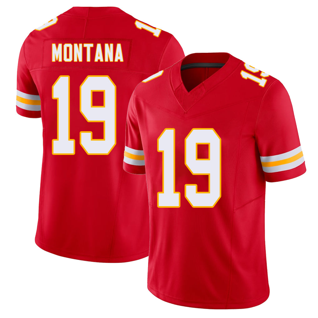 Kansas City #19 Montana Player Football V Neck Short Sleeve Red Jersey Joe For Men Youth Women Gift