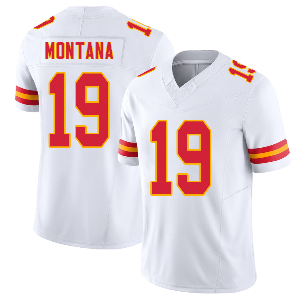 Kansas City #19 Montana Player Football V Neck Short Sleeve White Jersey Joe For Men Youth Women Gift