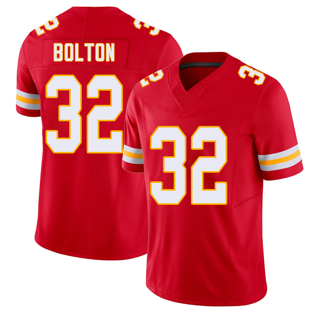 Kansas City #32 Bolton Player Football V Neck Short Sleeve Red Jersey Nick For Men Youth Women Gift
