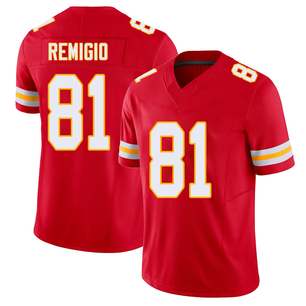 Kansas City #81 Remigio Player Football V Neck Short Sleeve Red Jersey Nikko For Men Youth Women Gift