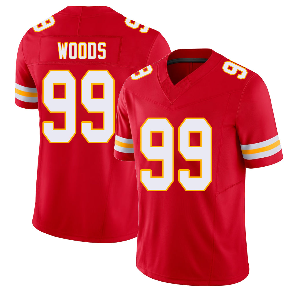 Kansas City #99 Woods Player Football V Neck Short Sleeve Red Jersey Peter For Men Youth Women Gift