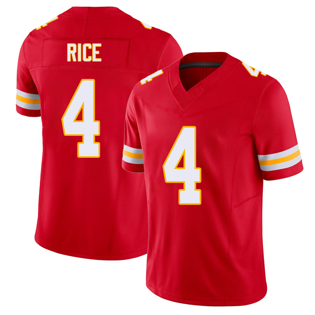 Kansas City #4 Rice Player Football V Neck Short Sleeve Red Jersey Rashee For Men Youth Women Gift