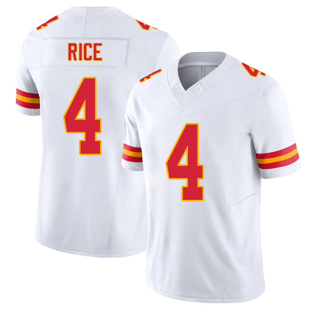 Kansas City #4 Rice Player Football V Neck Short Sleeve White Jersey Rashee For Men Youth Women Gift
