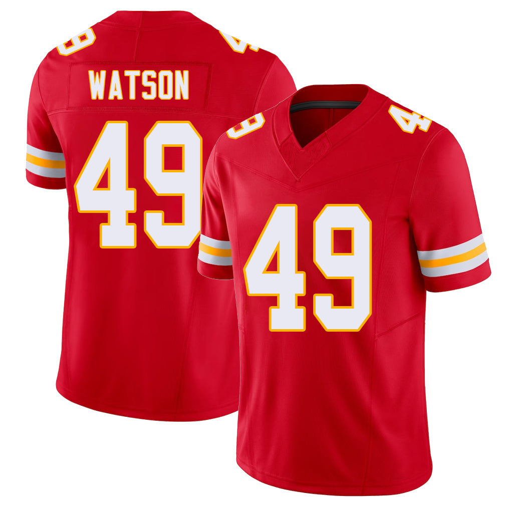 Kansas City #49 Watson Player Football V Neck Short Sleeve Red Jersey Tre For Men Youth Women Gift