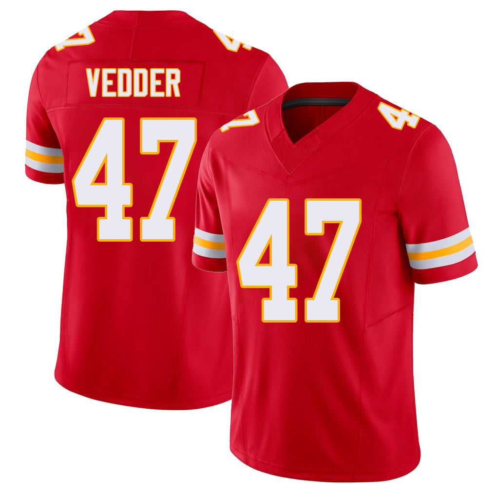 Kansas City #47 Vedder Player Football V Neck Short Sleeve Red Jersey Zelmar For Men Youth Women Gift