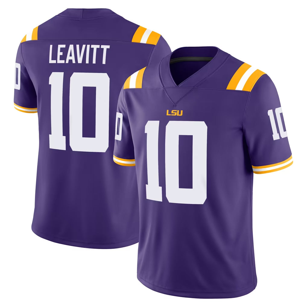 LSU #10 Leavitt Player College Football V Neck Short Sleeve Purple Jersey Sam For Men Youth Women