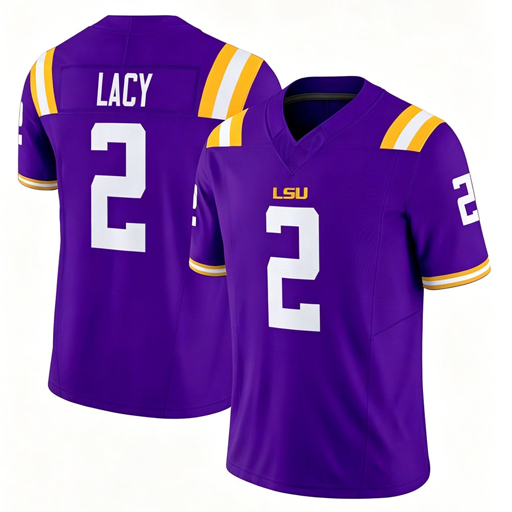 LSU #2 Lacy Player College Football V Neck Short Sleeve Purple Jersey Kyren For Men Youth Women
