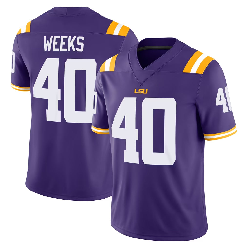 LSU #40 Weeks Player College Football V Neck Short Sleeve Purple Jersey Whit For Men Youth Women