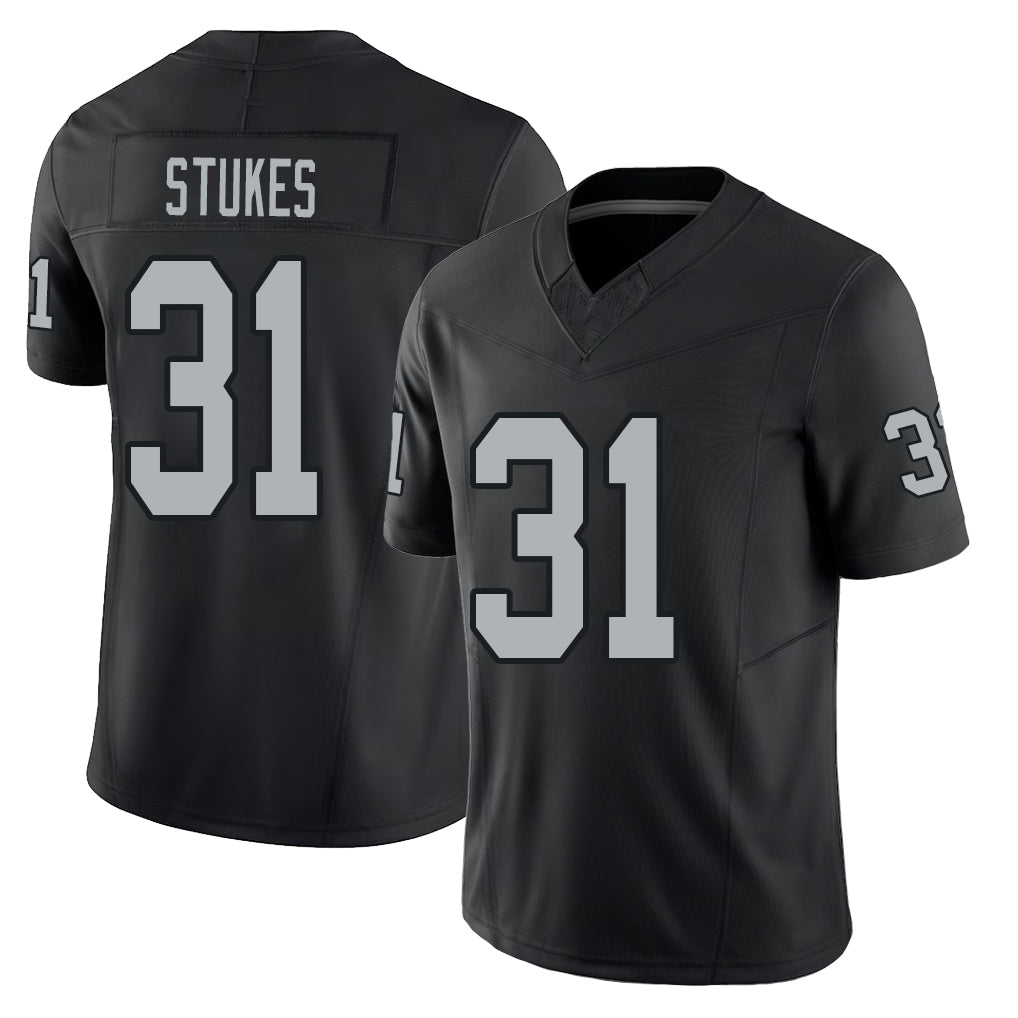 Las Vegas #31 Treydan Player Football V Neck Short Sleeve Balck Jersey Stukes For Men Youth Women Gift