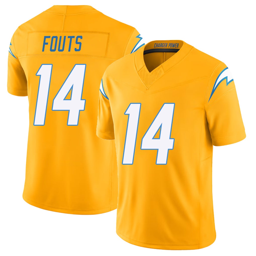 Los Angeles C #14 Fouts Player Football V Neck Short Sleeve Gold Jersey Dan For Men Youth Women Gift