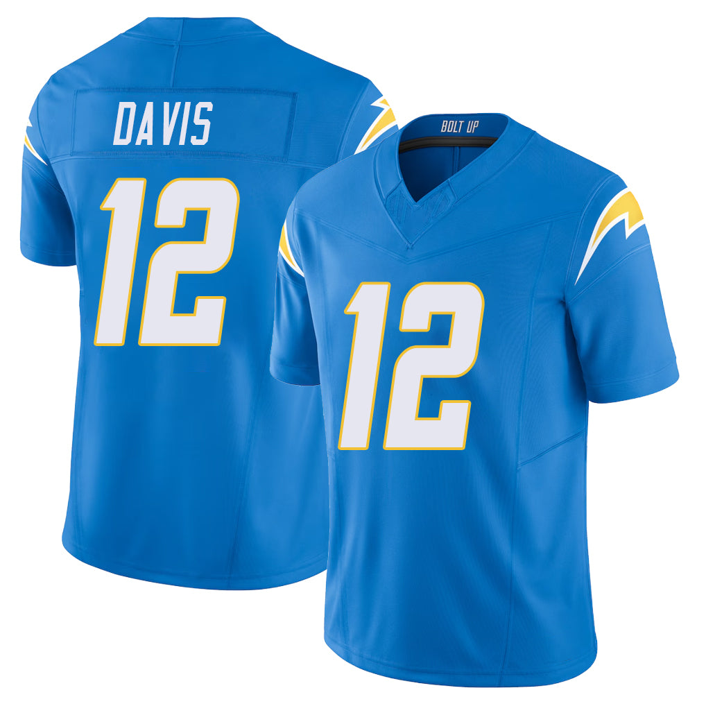 Los Angeles C #12 Davis Player Football V Neck Short Sleeve Blue Jersey Derius For Men Youth Women Gift