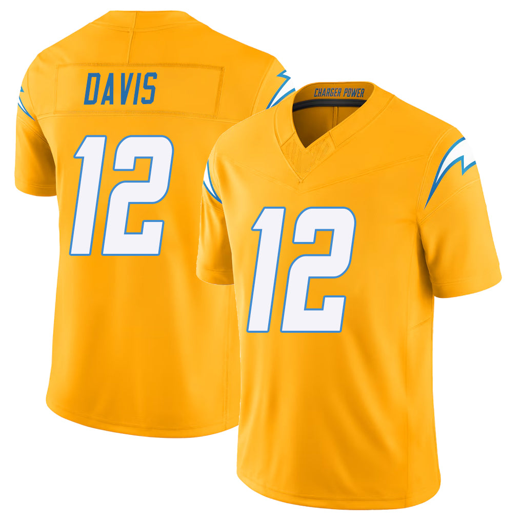 Los Angeles C #12 Davis Player Football V Neck Short Sleeve Gold Jersey Derius For Men Youth Women Gift